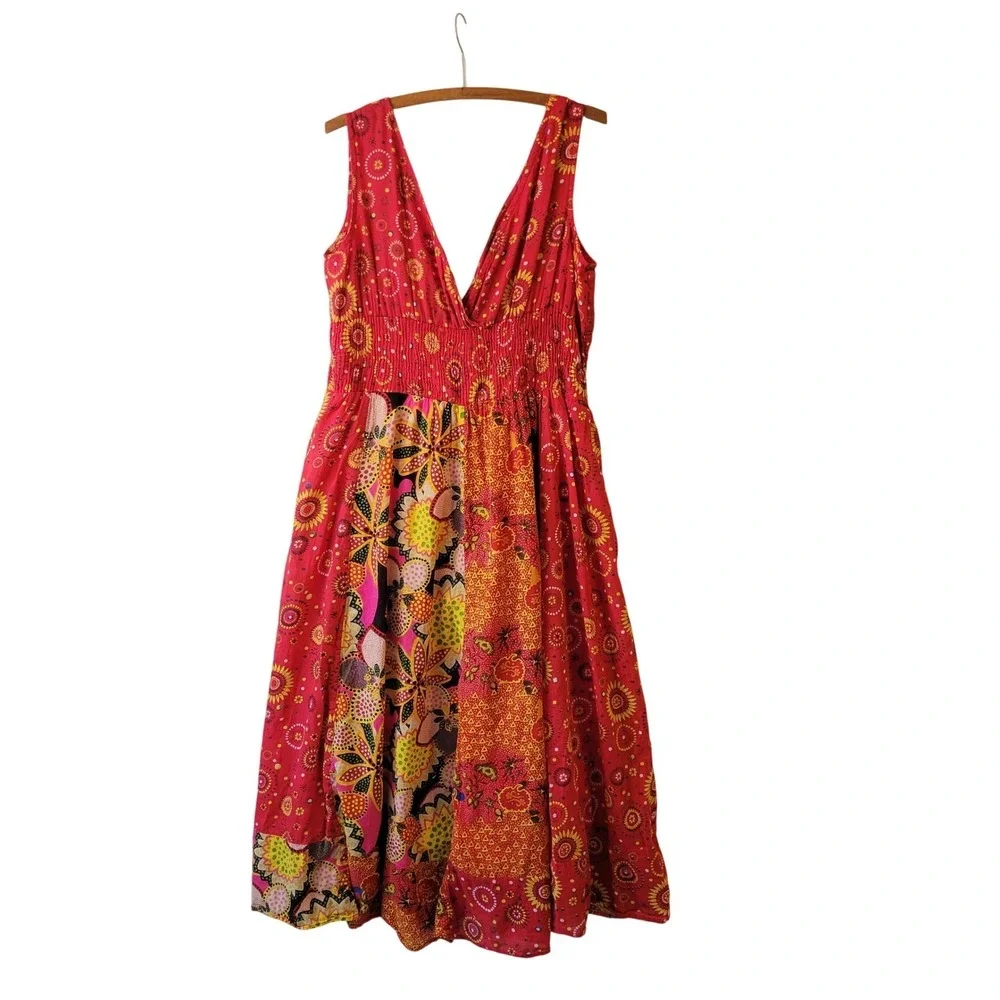 Jane Ashley Red Patchwork Floral Cotton Smocked Midi Dress XL Boho V-Neck - Picture 2 of 12